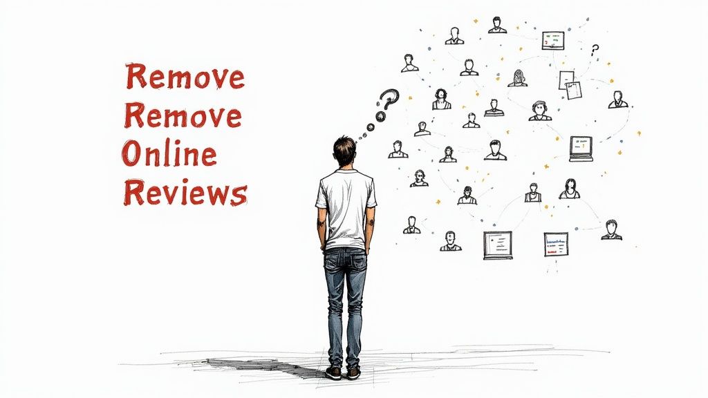 Legal action against harmful online reviews showing gavel and computer