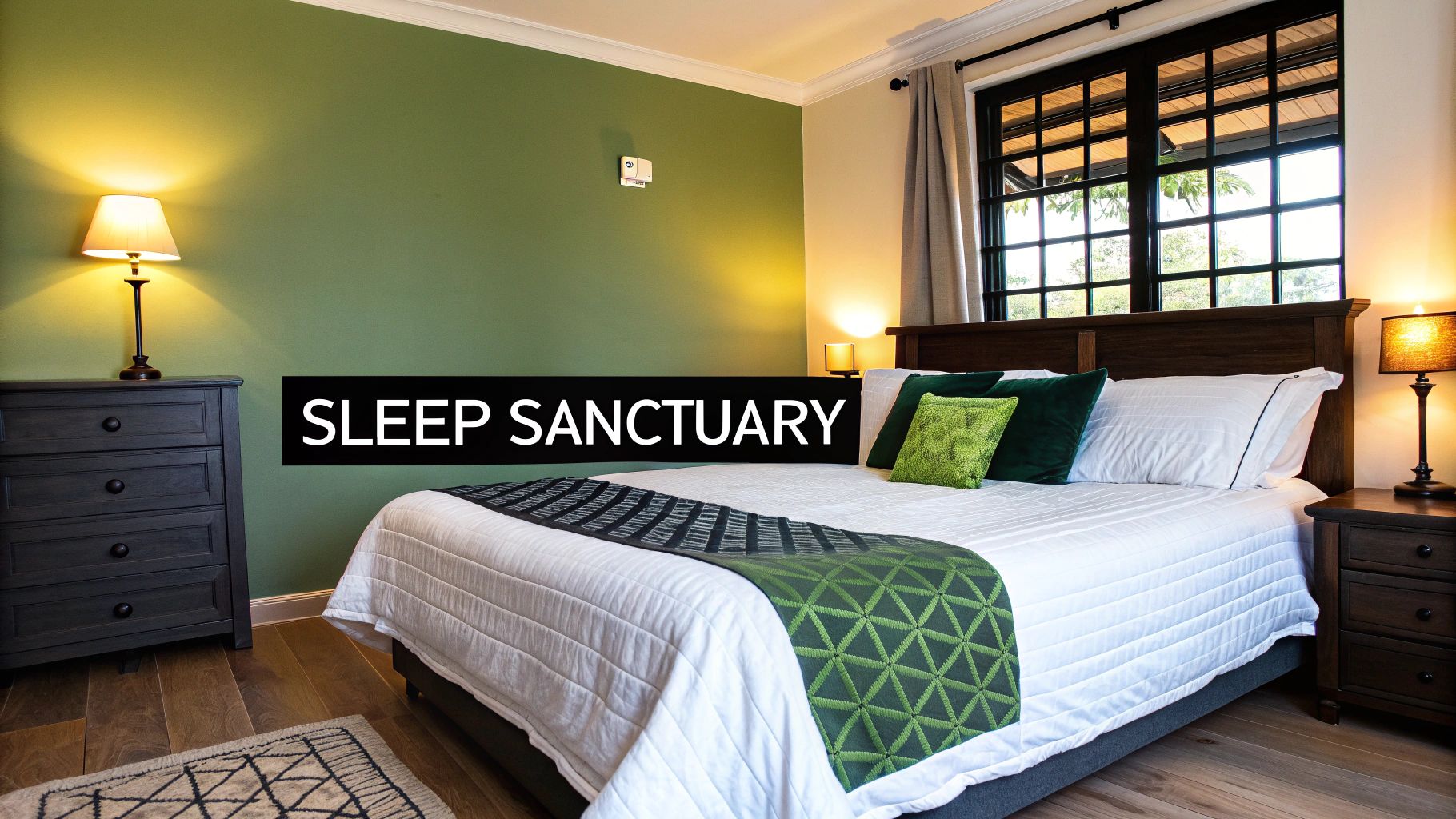 A dimly lit bedroom with a person sleeping soundly in bed.