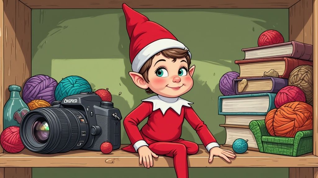Elf on the Shelf party scene with cocktails.