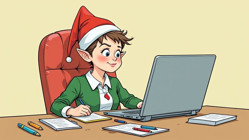 An Elf on the Shelf engages in year-round antics, dressed for various occasions.