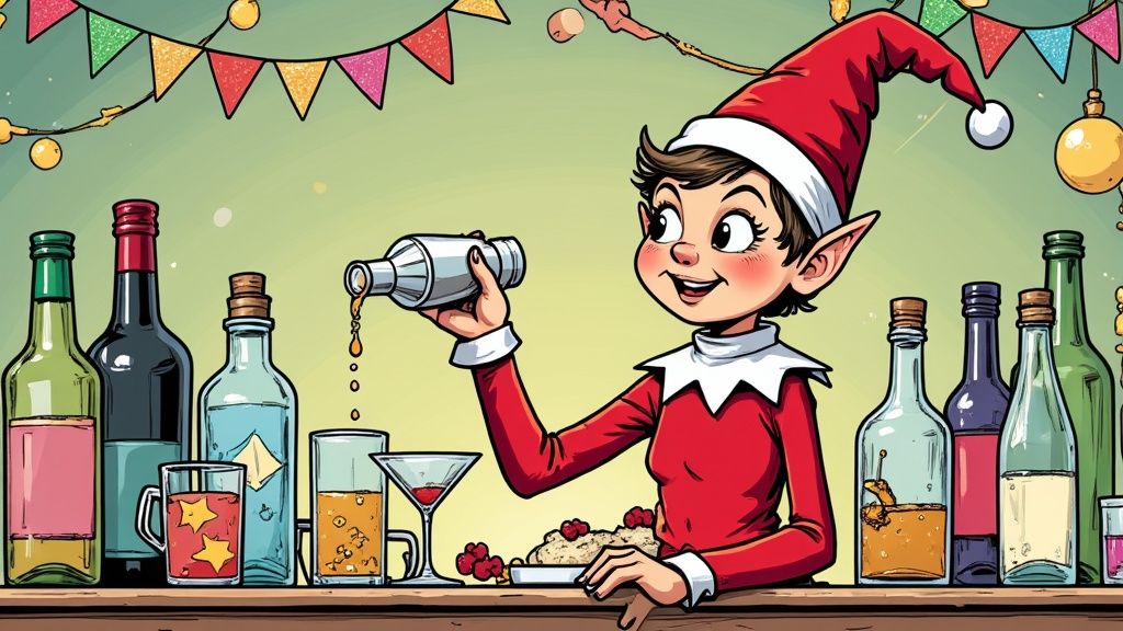 Elf on the Shelf scene with miniature props and a custom backdrop.