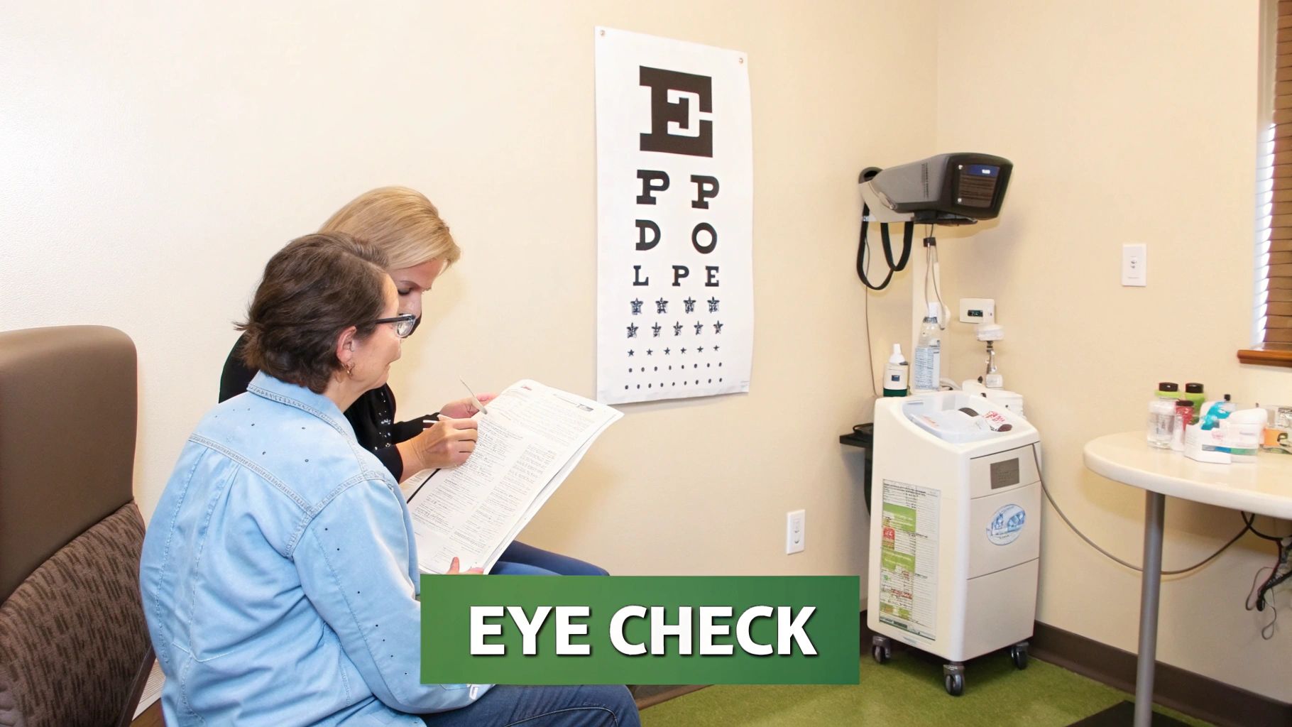 Patients interacting with staff at an eye clinic reception desk.