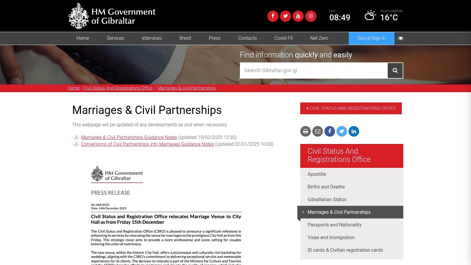 Gibraltar Marriage Bureau Official Service