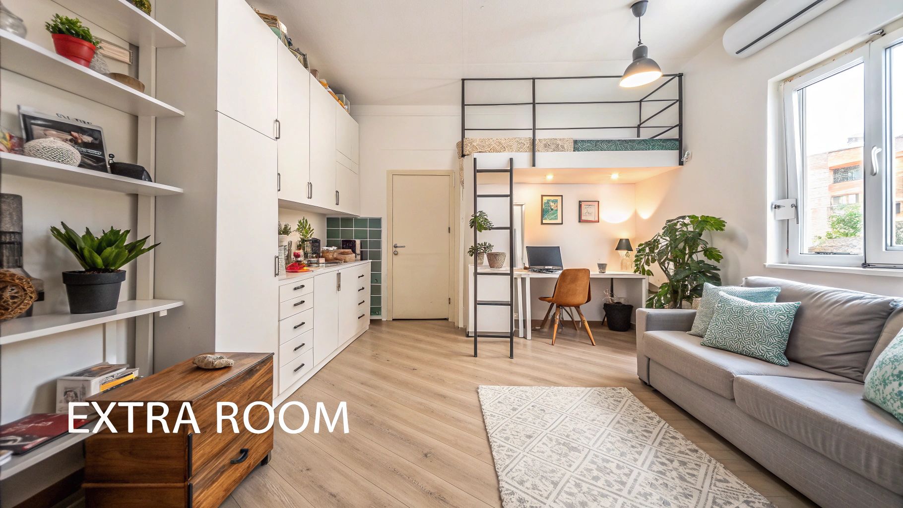 Organized small apartment room with storage solutions.