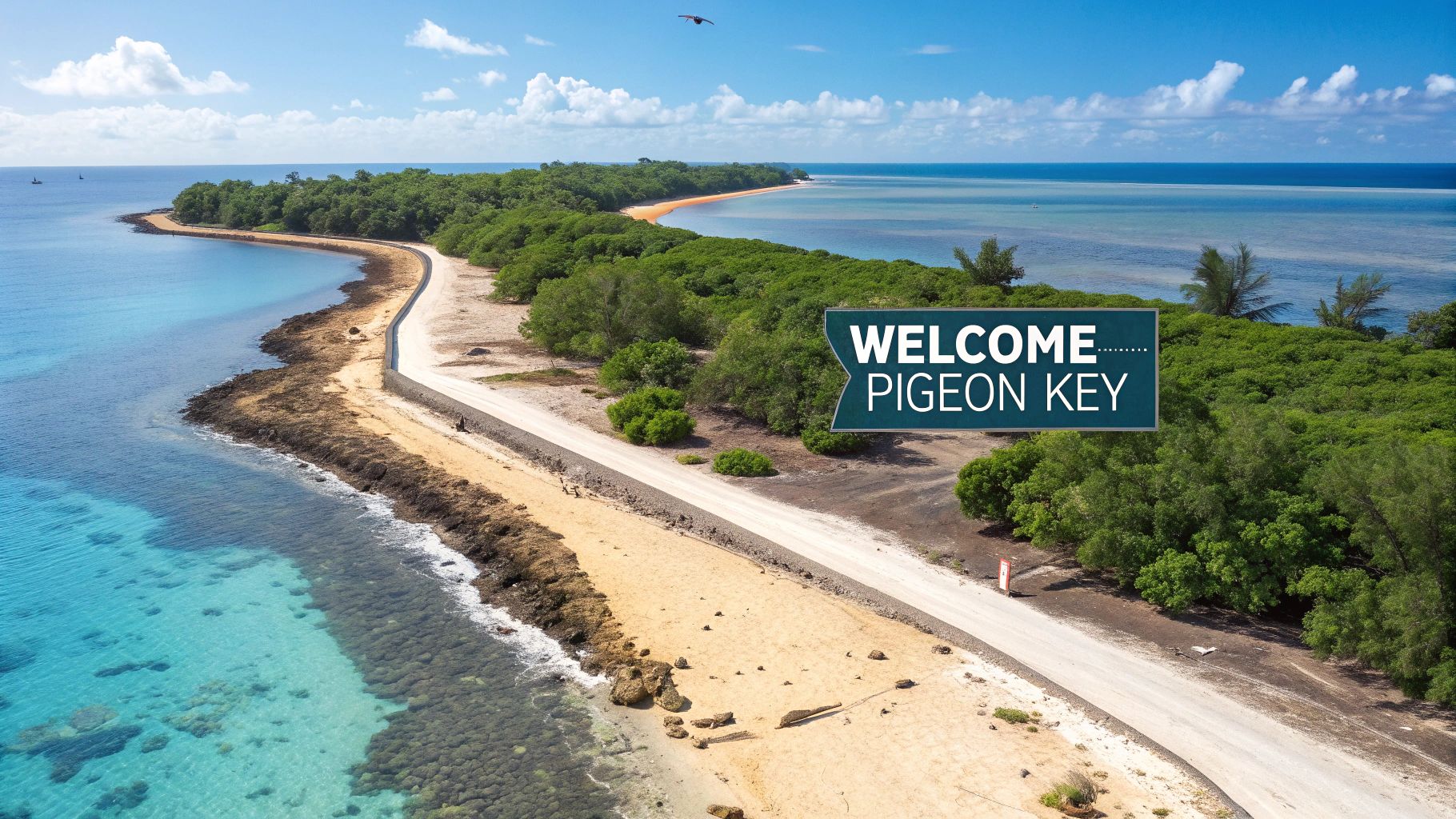 A picturesque view of Pigeon Key with its historic buildings and the turquoise waters surrounding it.