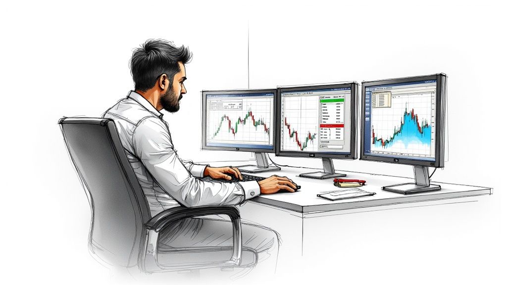 A trader analyzing price action charts on multiple screens