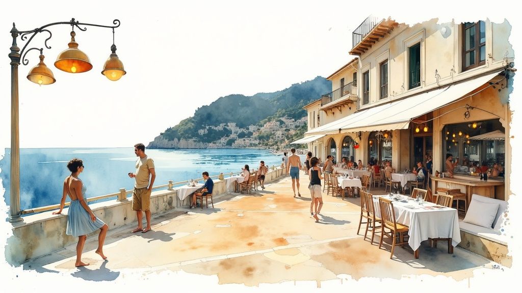 A table laden with fresh seafood and Albanian dishes