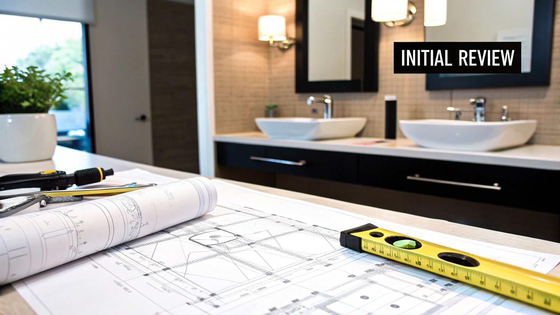 Bathroom with white walls, wood vanity, and a large mirror