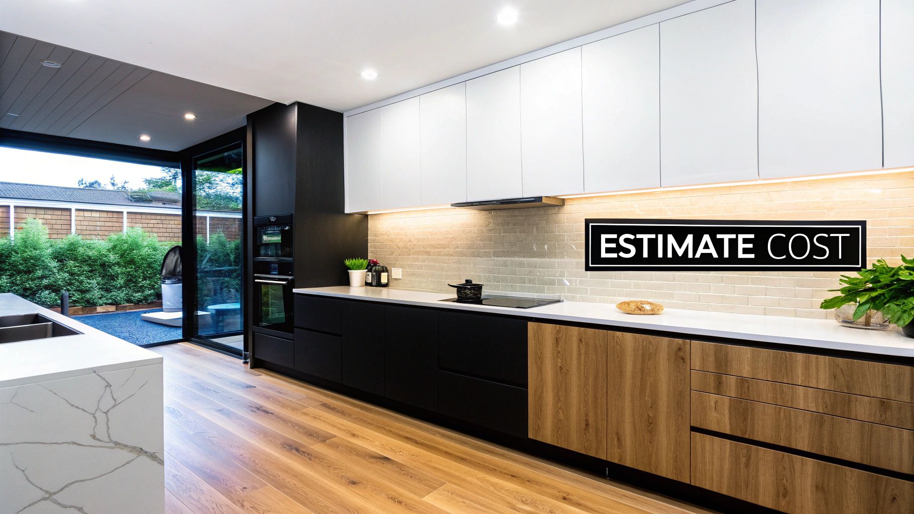 Kitchen with white cabinets and island.