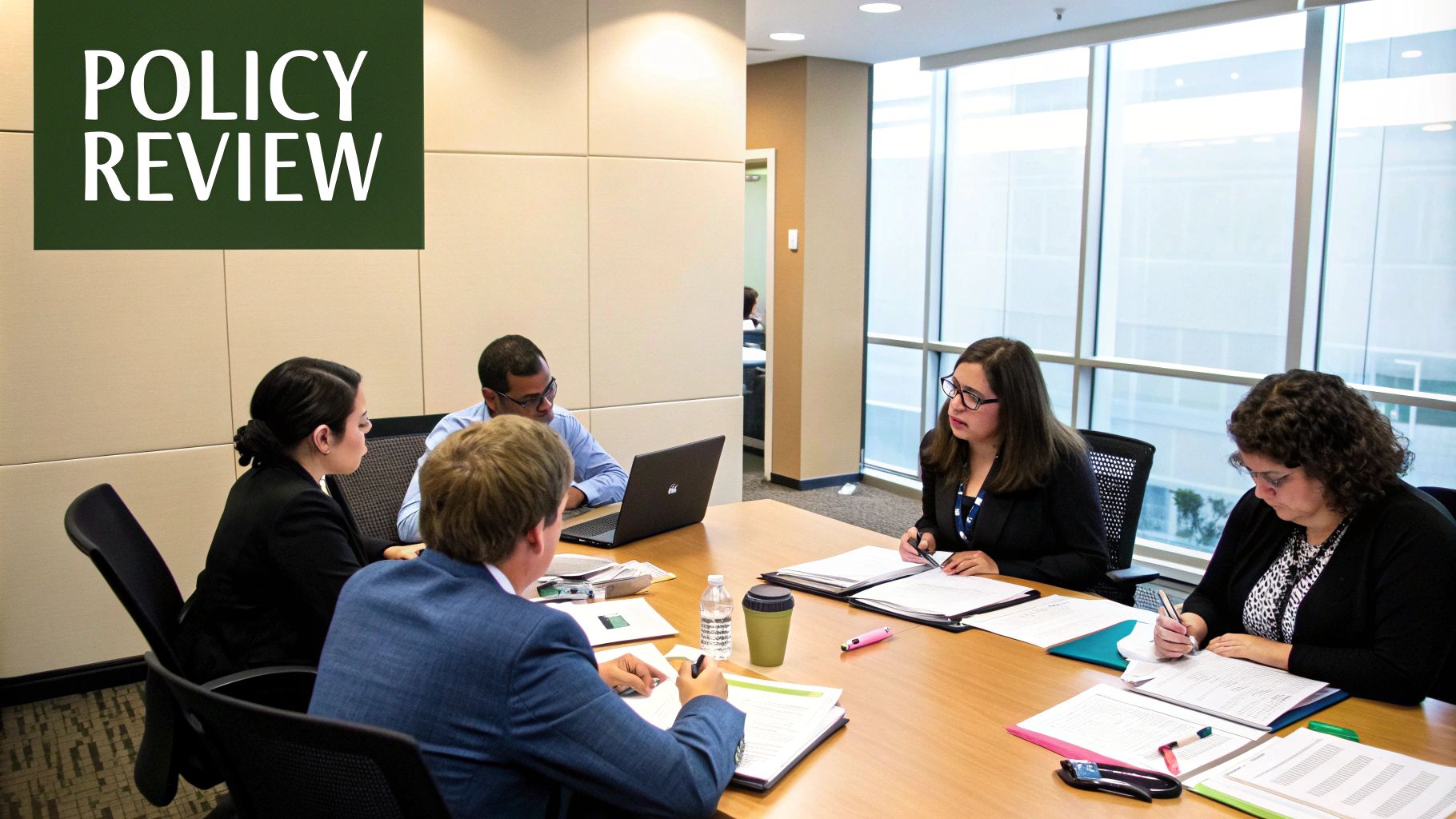 Depiction of a diverse group of people in an office setting, looking at a screen displaying data