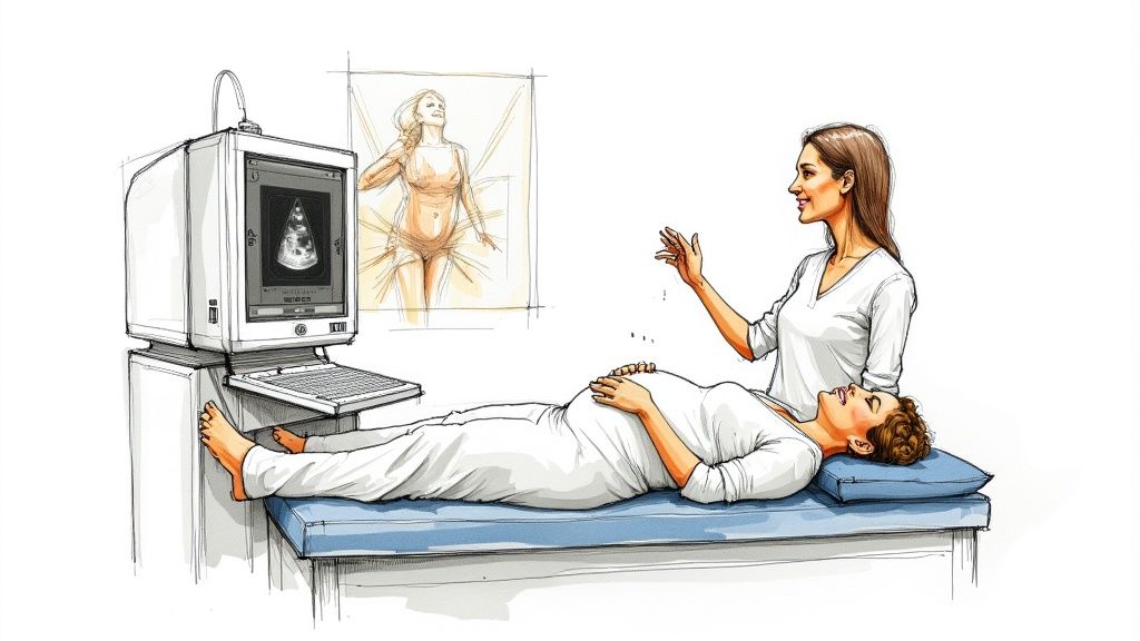 A pregnant woman undergoing an ultrasound scan.