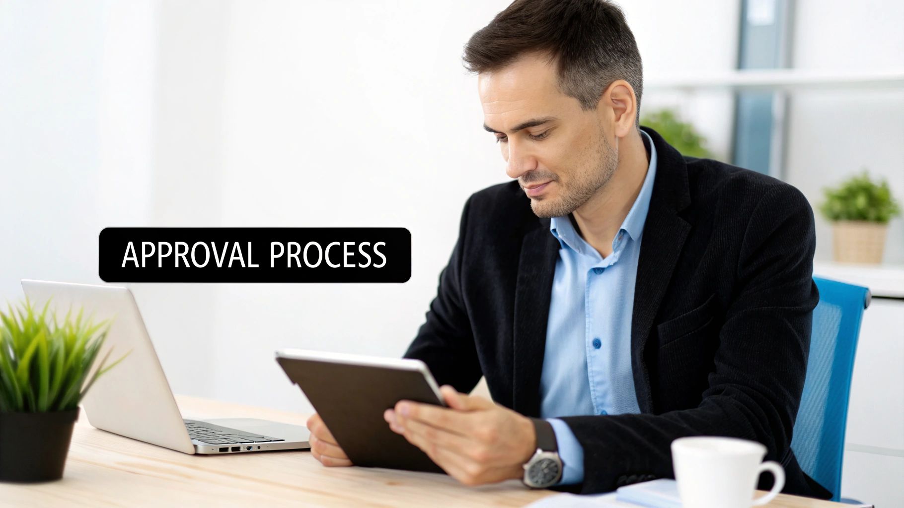 The image shows a person sitting at a desk, looking stressed and overwhelmed, surrounded by work while dreaming of a relaxing beach vacation. This highlights the importance of taking breaks and using holiday leave.