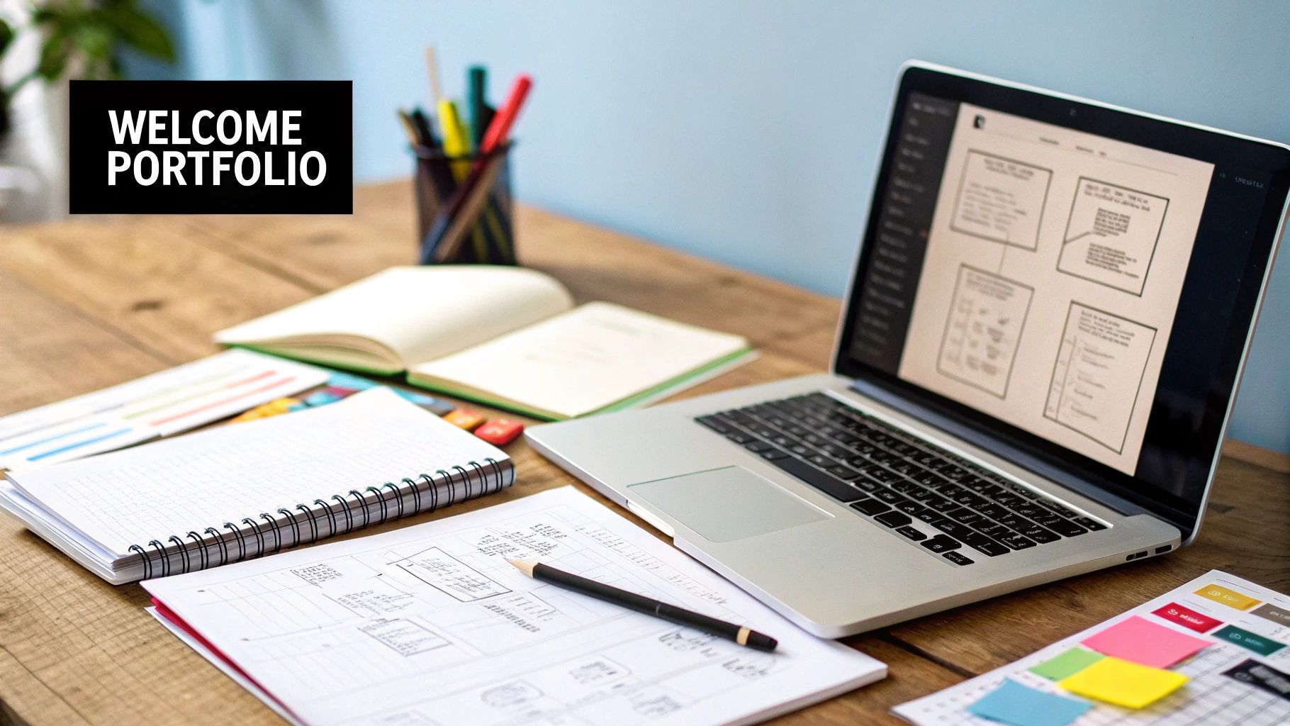 An image of a person working on their online portfolio on a laptop.