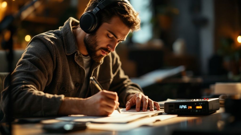 A musician deeply focused on transcribing music in a studio setting