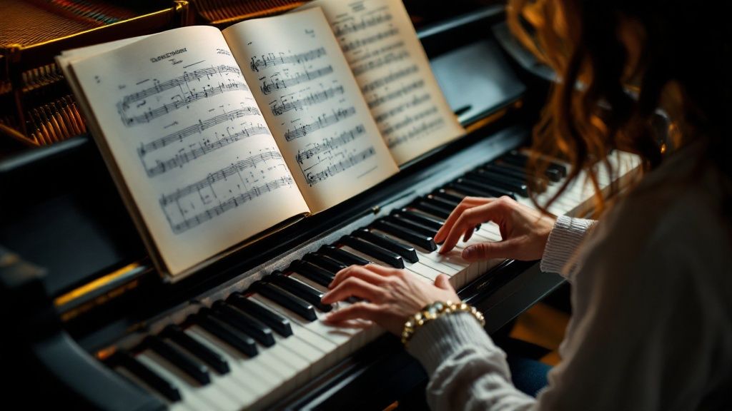 A person sitting at a piano with sheet music and a pencil, seemingly transcribing music.