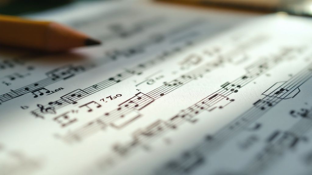 A person using a laptop with musical notation software open, likely transcribing music with the aid of technology.