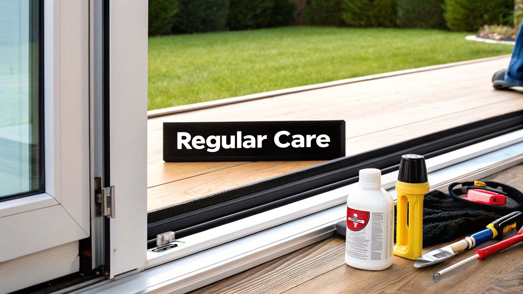 A sliding glass door with tools for repair
