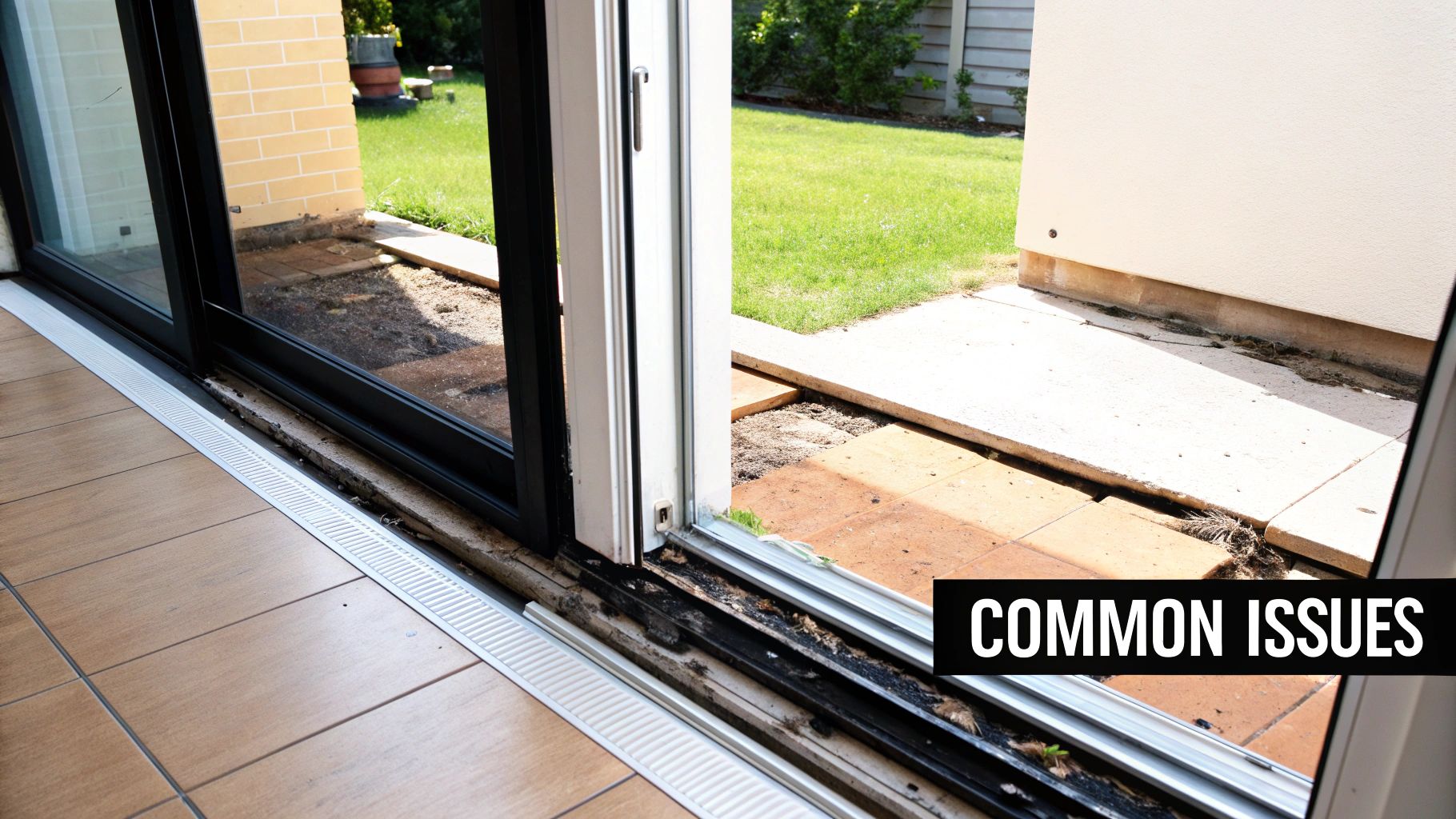A sliding glass door with a view of a patio and greenery