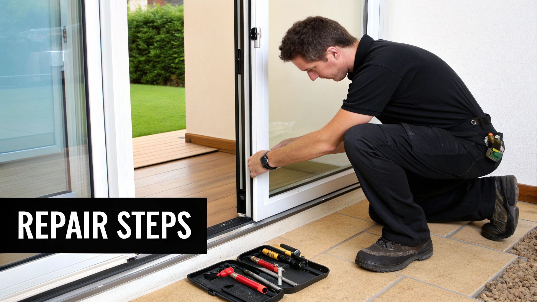 A sliding glass door with tools for repair