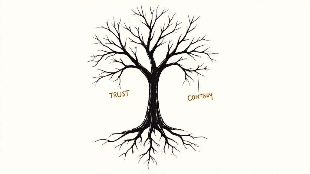 Depiction of a discussion between two figures representing the differing perspectives on succession planning.