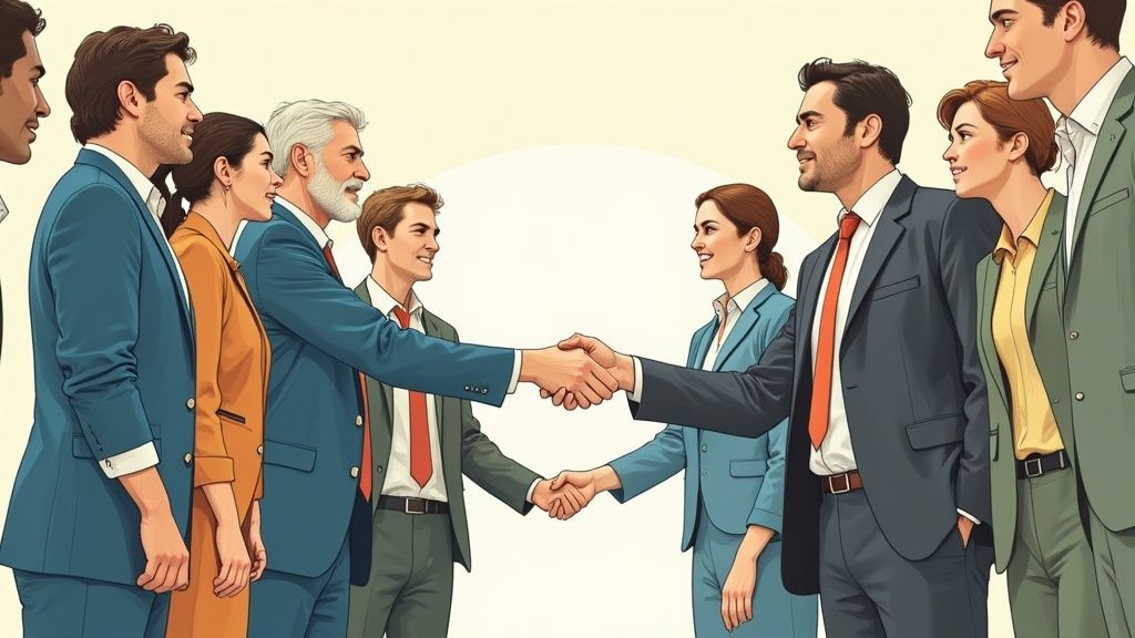 Image of two people shaking hands, possibly during an interview