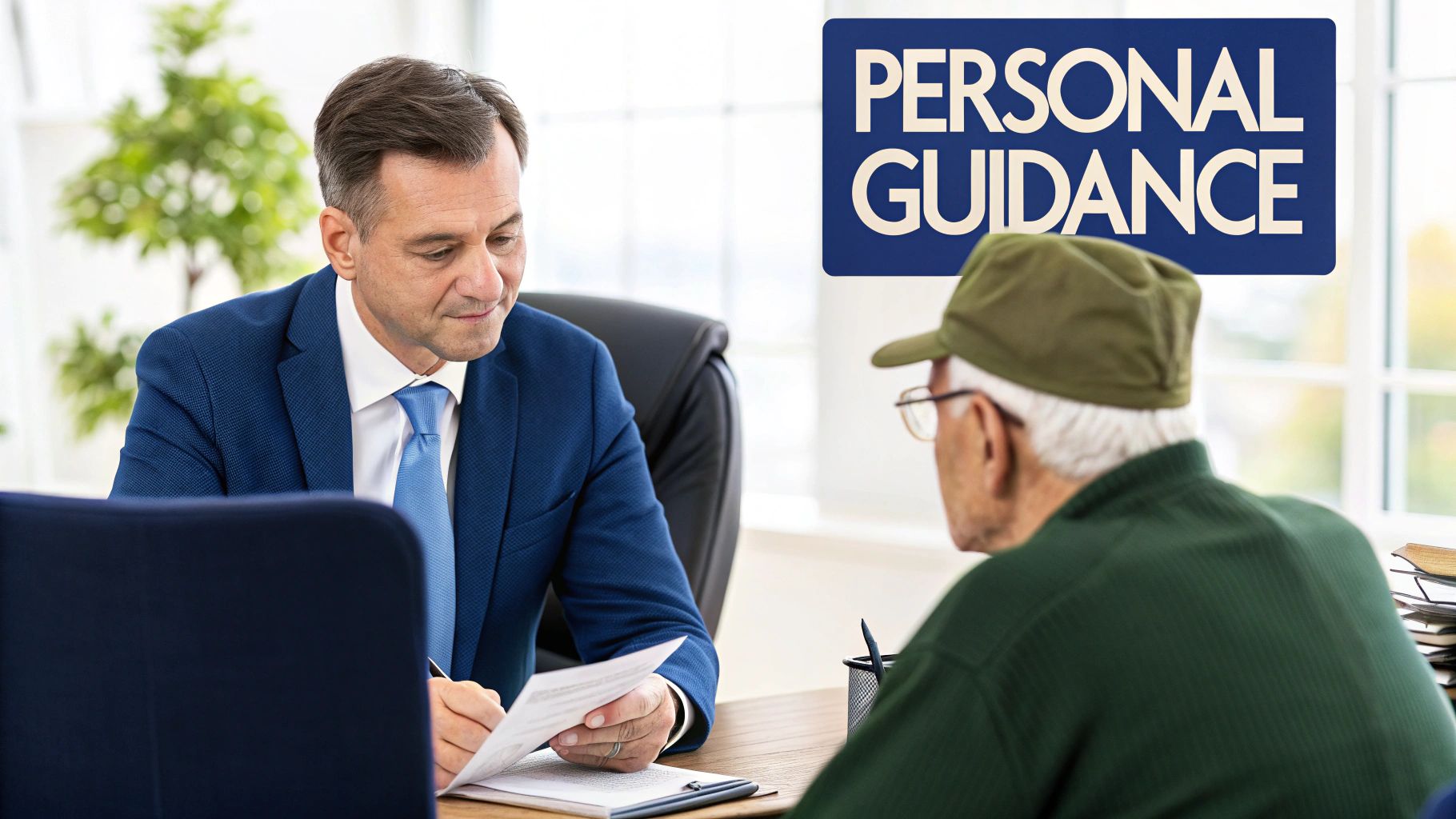 Lawyer reviewing documents with a veteran