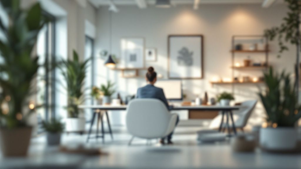 The image shows a person working on a laptop with a coffee cup beside it. The background suggests a busy workspace, conveying the idea of career focus.