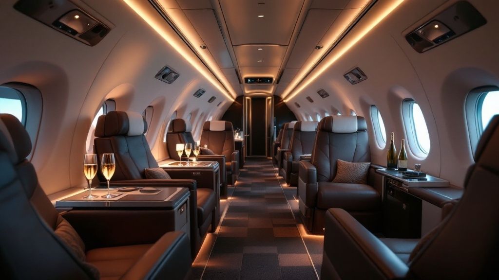 Modern first-class airplane cabin