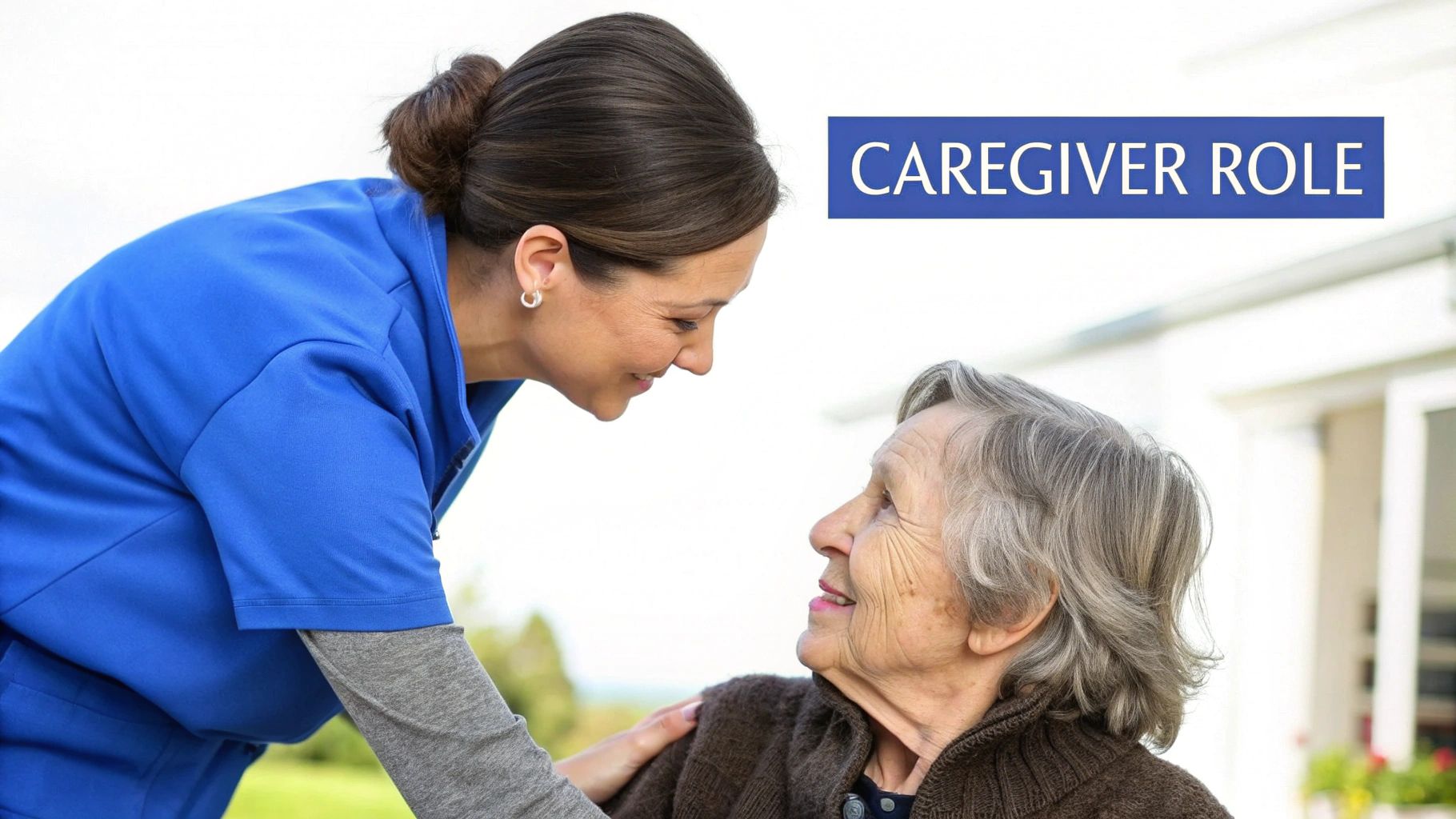 Depiction of a caregiver assisting an elderly person.